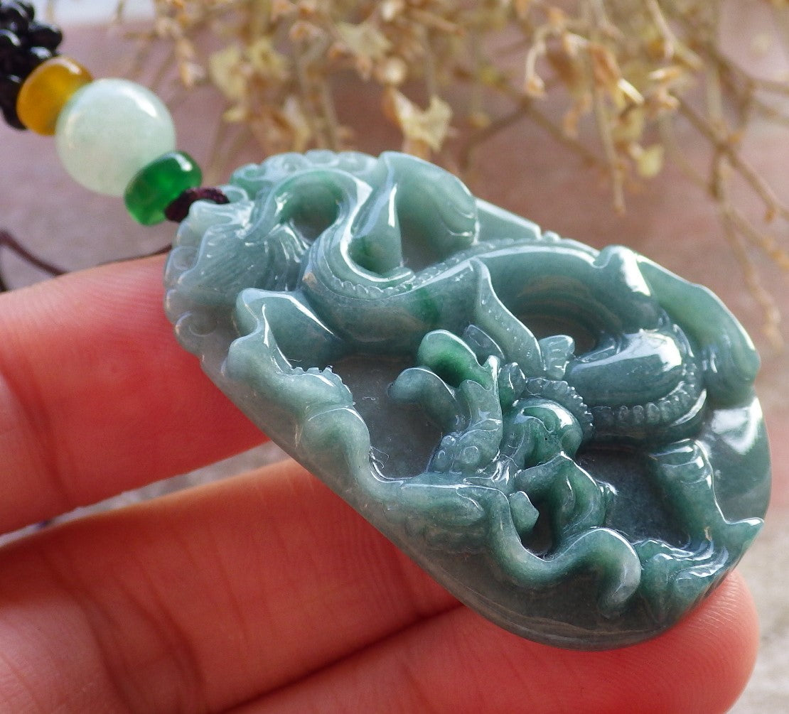 Certified Green Burma 100% Natural A Jade jadeite Pendant Dragon Necklace 生意兴隆 647518 TN