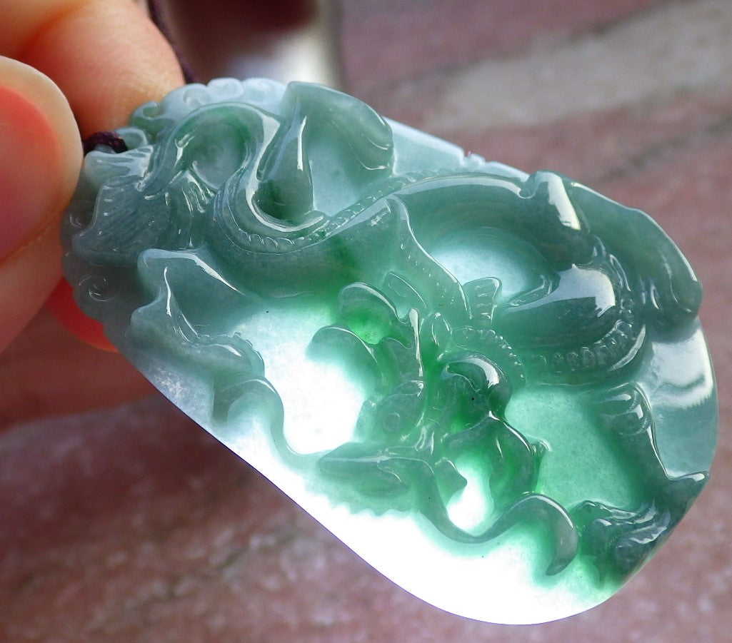 Certified Green Burma 100% Natural A Jade jadeite Pendant Dragon Necklace 生意兴隆 647518 TN
