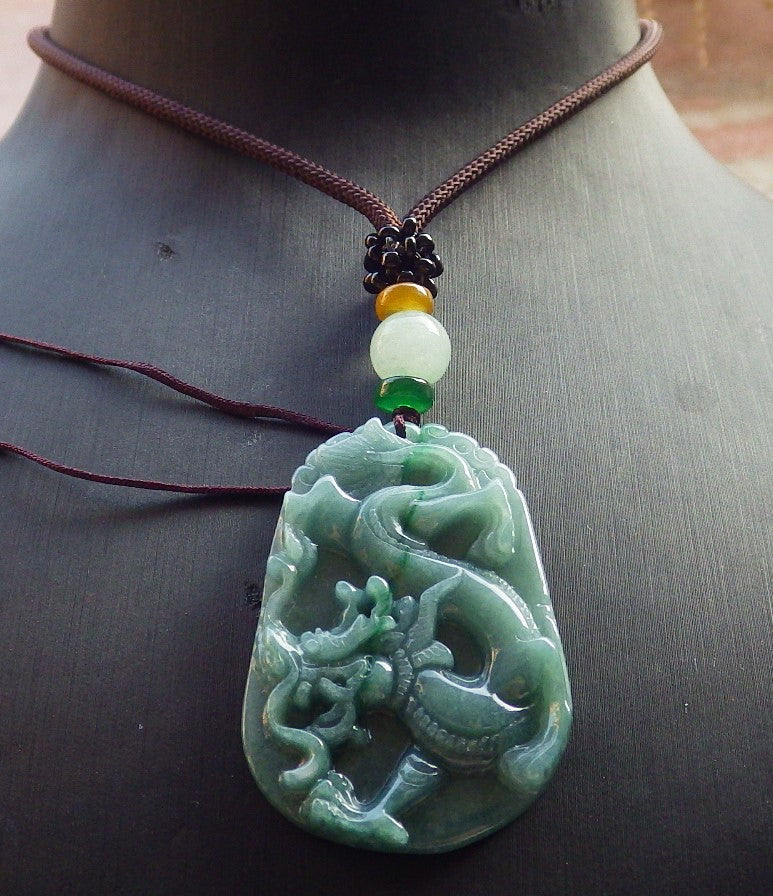 Certified Green Burma 100% Natural A Jade jadeite Pendant Dragon Necklace 生意兴隆 647518 TN