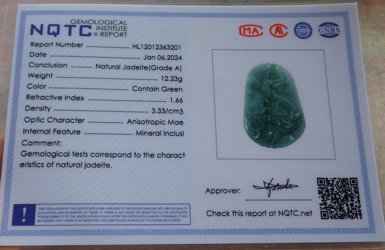 Certified Green Burma 100% Natural A Jade jadeite Pendant Dragon Necklace 生意兴隆 647518 TN