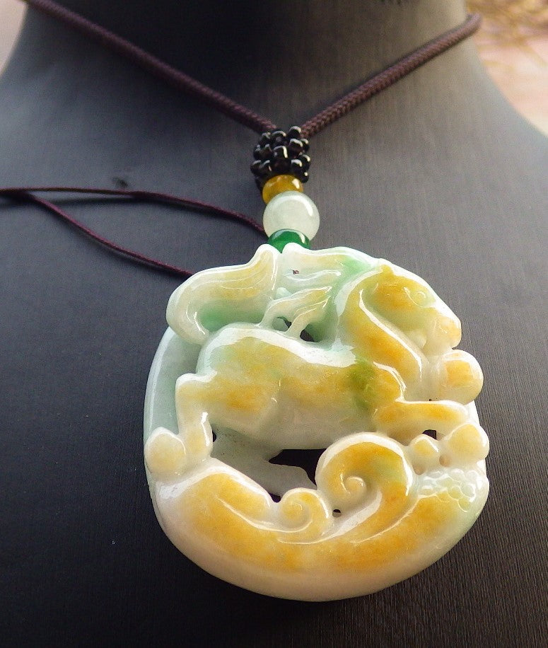 Certified Yellow Green Burma 100% Natural A Jade jadeite Pendant Horse Money Coin Ruyi Necklace 马到功成 647609 TN