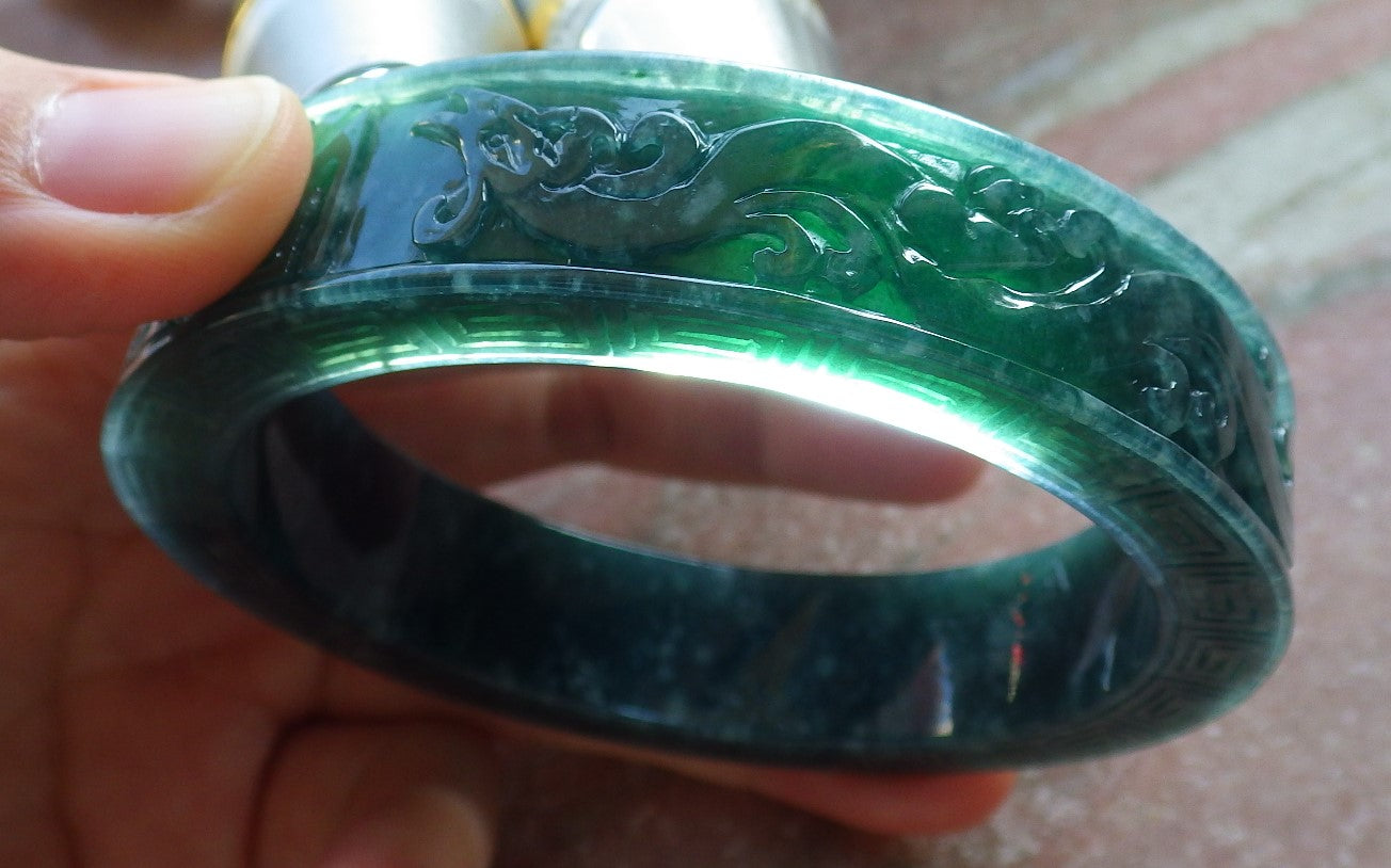 Certified Icy Green Burma 100% Natural A JADE Jadeite Dragon Phoenix Longevity Bangle Bracelet 63 mm 手镯 647894 TN