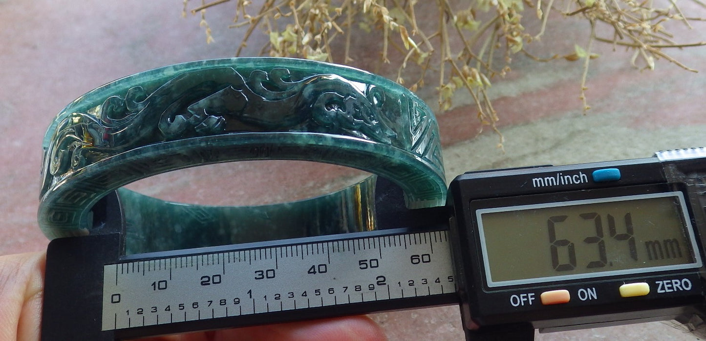 Certified Icy Green Burma 100% Natural A JADE Jadeite Dragon Phoenix Longevity Bangle Bracelet 63 mm 手镯 647894 TN