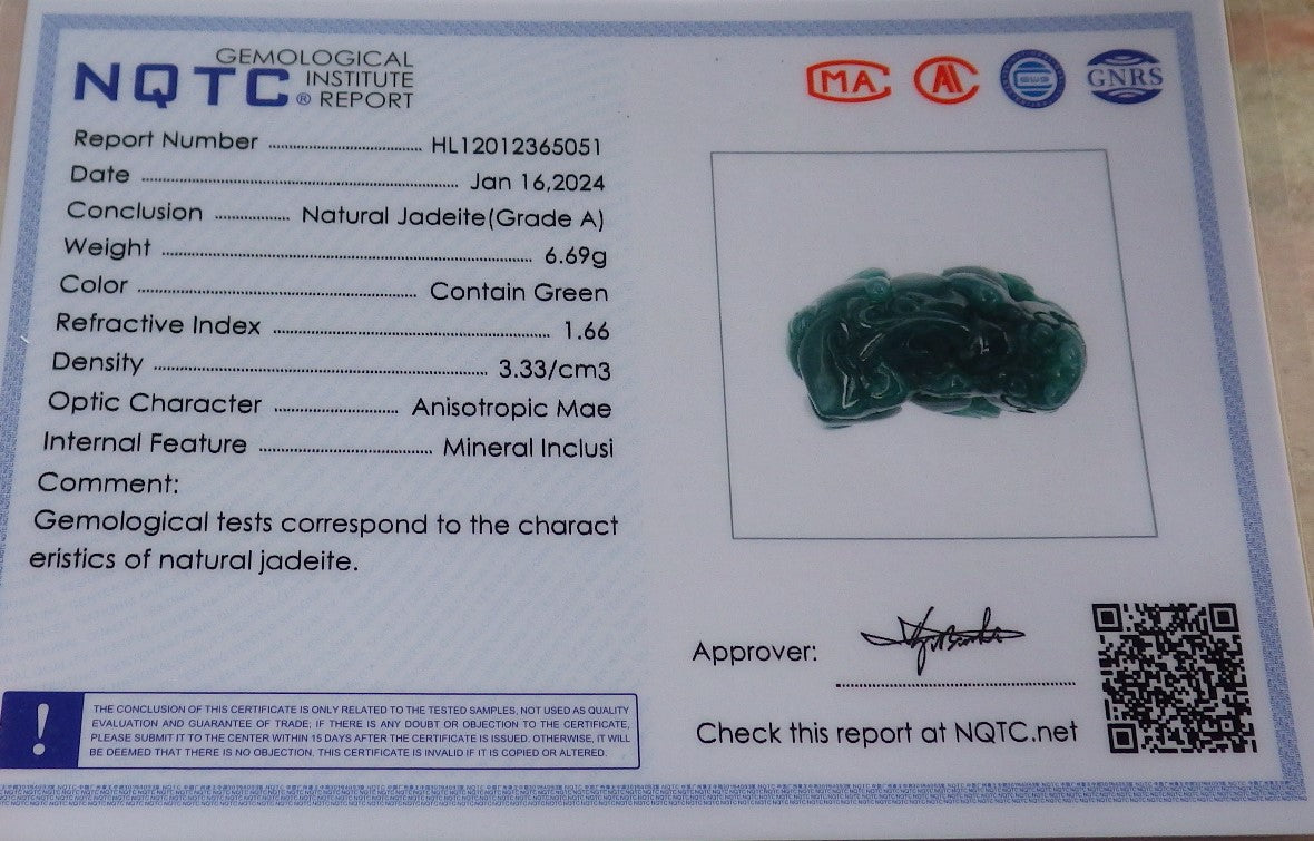 Certified Icy Green Burma 100% Natural A Jade jadeitePendant Dragon Pi Xiu Coin Ruyi Necklace 风水貔貅 648014 TN