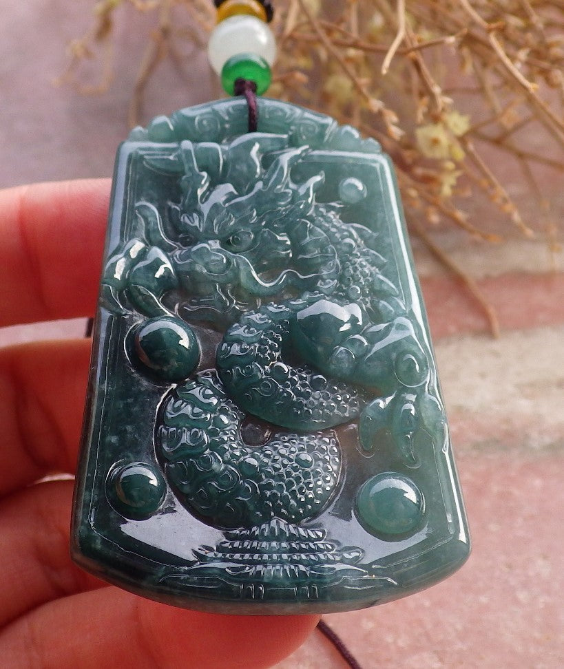 Certified Icy Green Burma 100% Natural A Jade jadeite Pendant Dragon Bead Necklace 生意兴隆 648021 TN