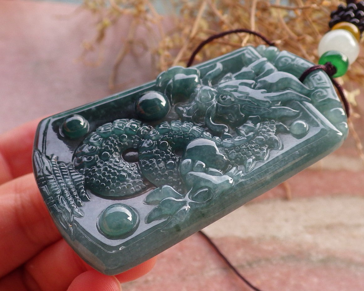 Certified Icy Green Burma 100% Natural A Jade jadeite Pendant Dragon Bead Necklace 生意兴隆 648021 TN