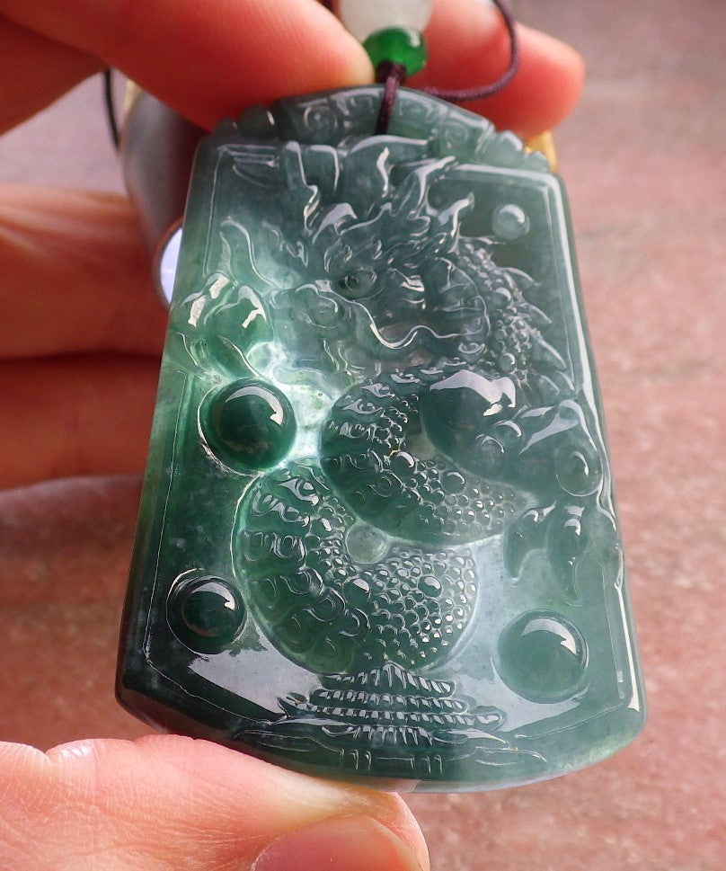 Certified Icy Green Burma 100% Natural A Jade jadeite Pendant Dragon Bead Necklace 生意兴隆 648021 TN