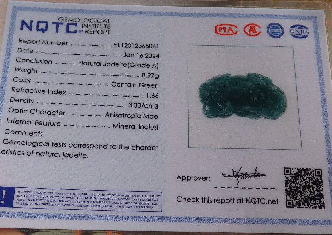 Certified Icy Green Burma 100% Natural A Jade jadeitePendant Dragon Pi Xiu Coin Ruyi Necklace 风水貔貅 648045 TN