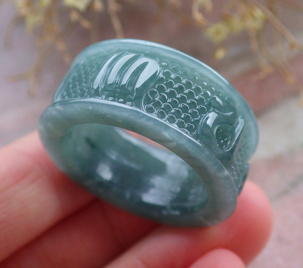 Certified Icy Green Burma 100% Natural A JADE Jadeite Mantra RING USA 12.75 六字真言戒指 648059 TN