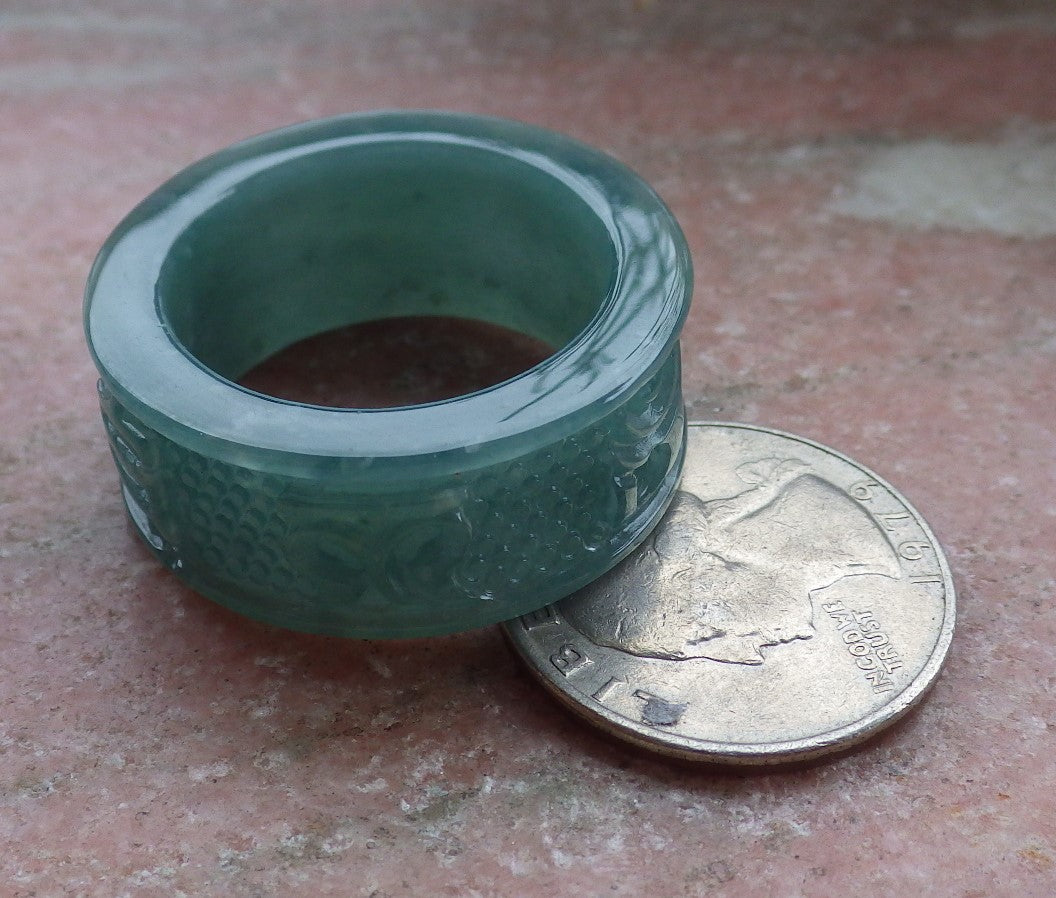 Certified Icy Green Burma 100% Natural A JADE Jadeite Mantra RING USA 12.75 六字真言戒指 648059 TN
