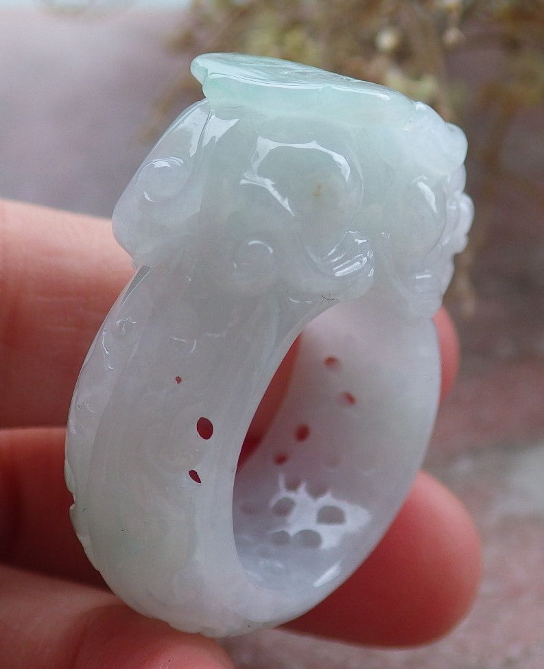 Certified Green Pale Lavender Burma 100% Natural A JADE Jadeite Dragon Pi Xiu Ruyi RING USA. 10.25 戒指 648068 TN