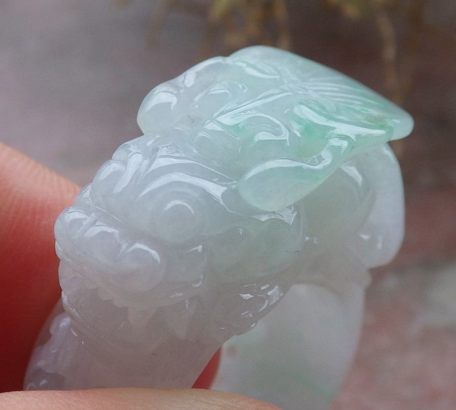 Certified Green Pale Lavender Burma 100% Natural A JADE Jadeite Dragon Pi Xiu Ruyi RING USA. 10.25 戒指 648068 TN