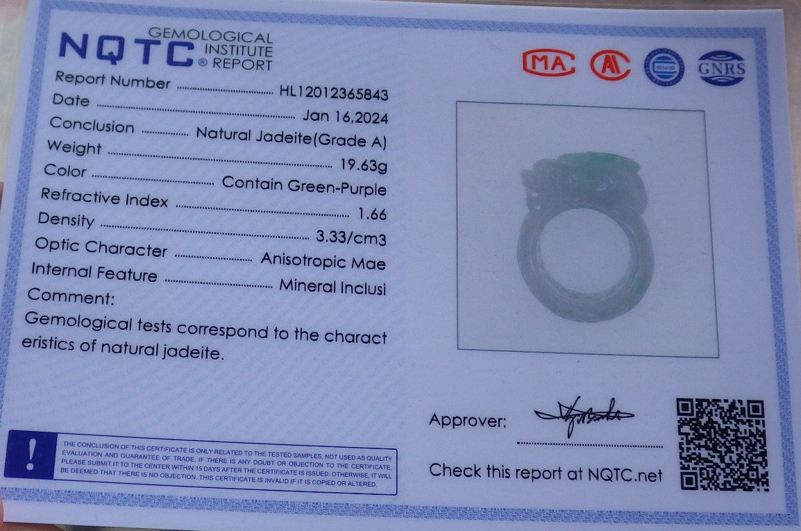 Certified Green Pale Lavender Burma 100% Natural A JADE Jadeite Dragon Pi Xiu Ruyi RING USA. 10.25 戒指 648068 TN