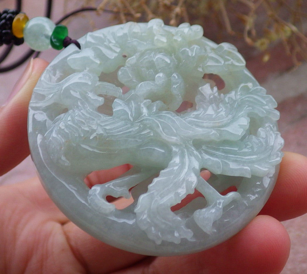 Certified Green Burma 100% Natural A Jade jadeite Pendant Phoenix Flower Necklace 凤凰 648079 TN
