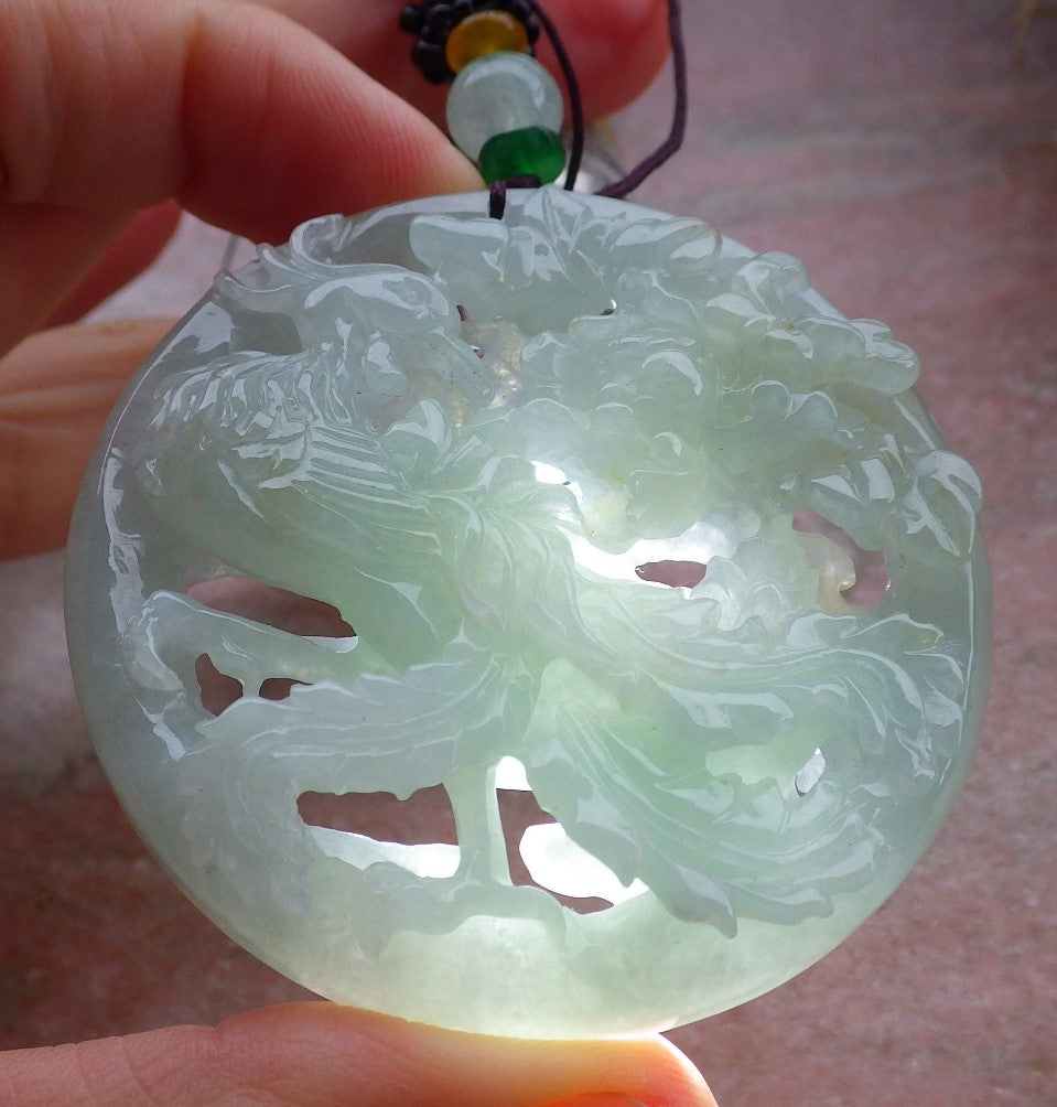 Certified Green Burma 100% Natural A Jade jadeite Pendant Phoenix Flower Necklace 凤凰 648079 TN