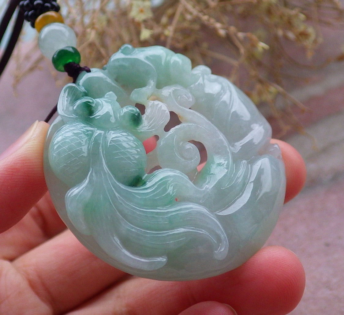 Certified Green Burma 100% Natural A Jade jadeite Pendant Frog Toad Gold Fish Necklace 招财蟾 648122 TN