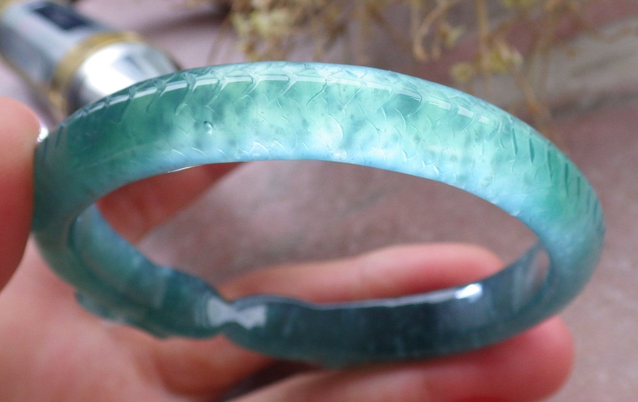Certified Icy Green Burma 100% Natural A JADE Jadeite Snake Bangle Bracelet 58 mm 手镯 648175 TN