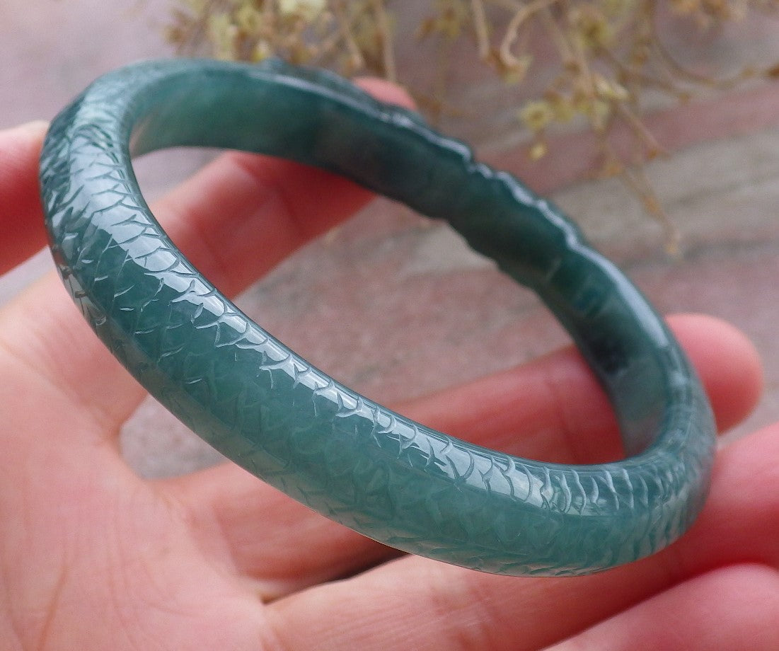 Certified Icy Green Burma 100% Natural A JADE Jadeite Dragon Bangle Bracelet 58 mm 手镯 648192 TN
