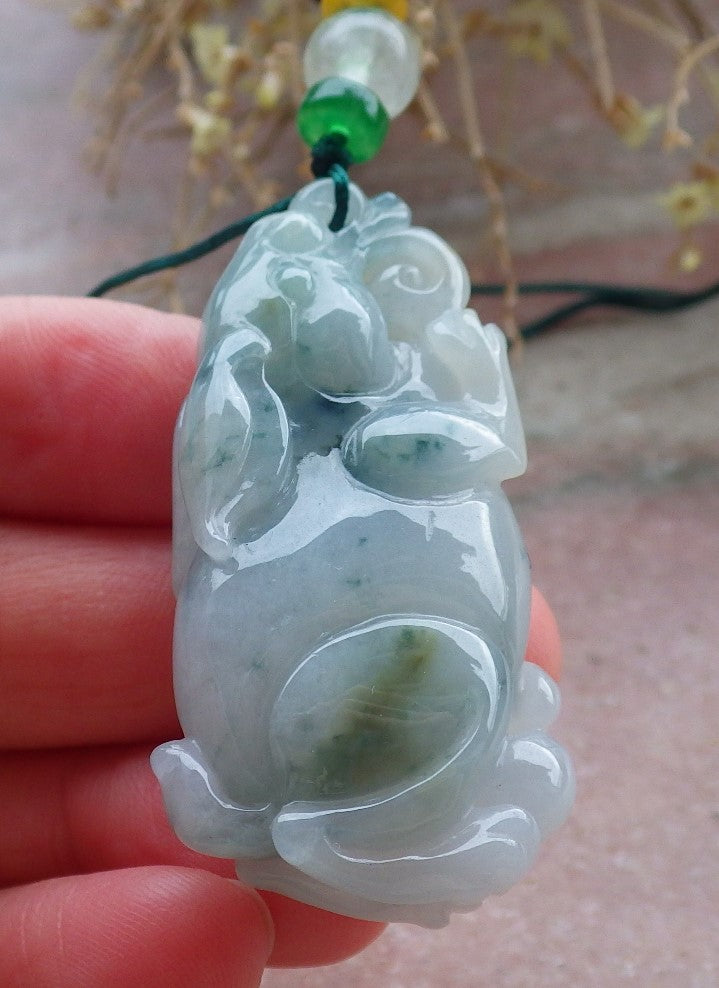 Certified Green Burma 100% Natural A Jade jadeite Pendant Rabbit Ruyi Bead Necklace 兔子 648216 TN