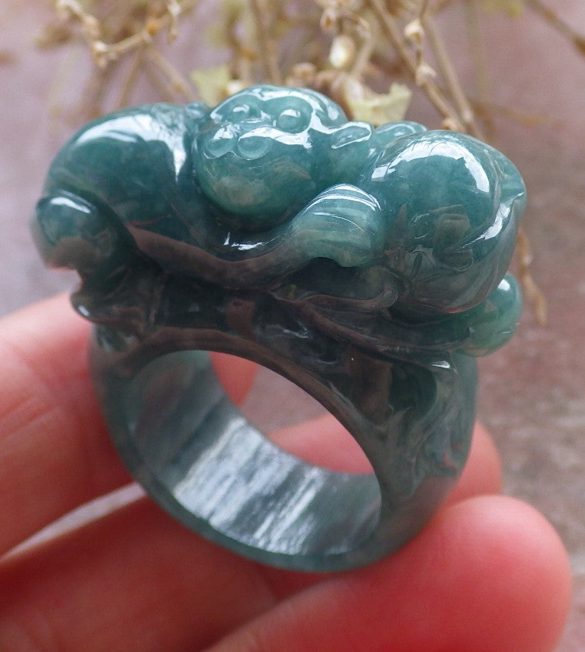 Certified Icy Green Burma 100% Natural A JADE Jadeite Monkey Peach RING USA. 9.25 戒指 648255 TN