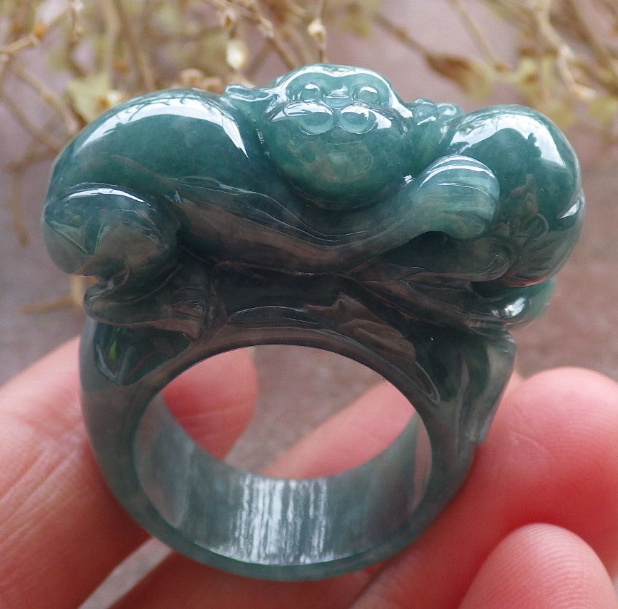 Certified Icy Green Burma 100% Natural A JADE Jadeite Monkey Peach RING USA. 9.25 戒指 648255 TN