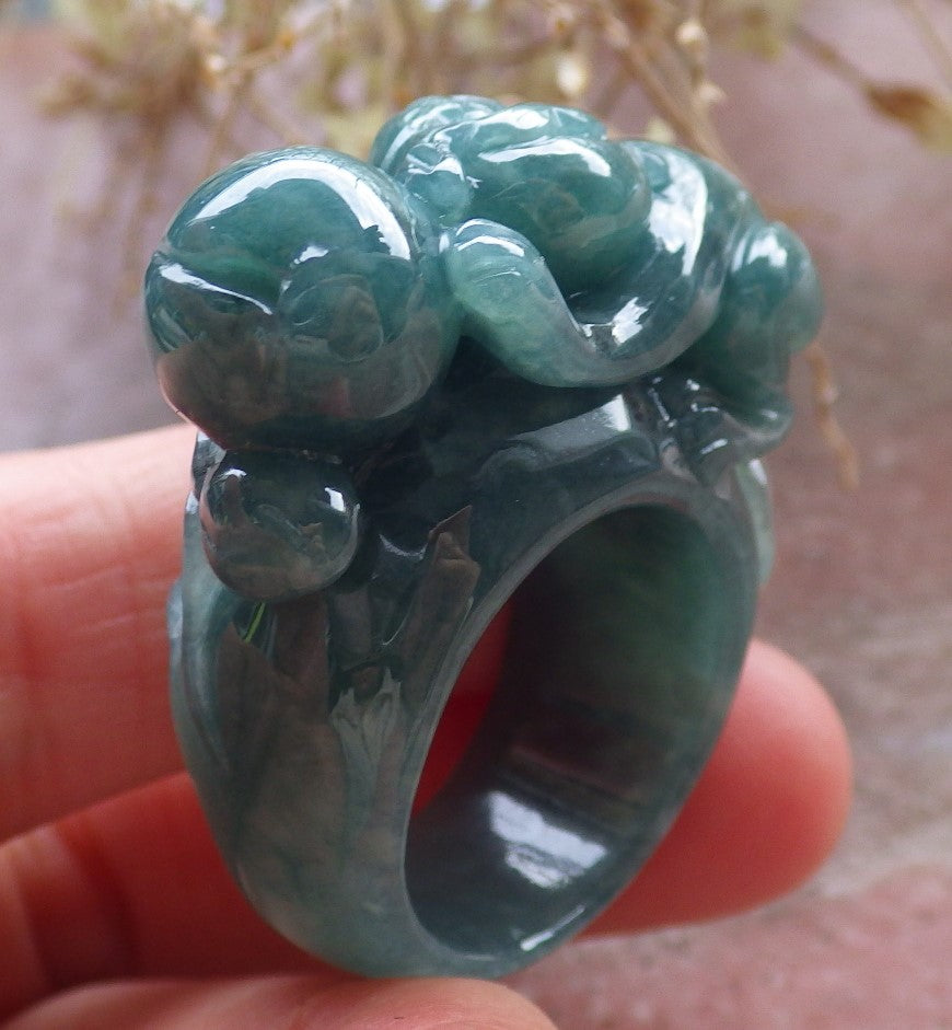 Certified Icy Green Burma 100% Natural A JADE Jadeite Monkey Peach RING USA. 9.25 戒指 648255 TN