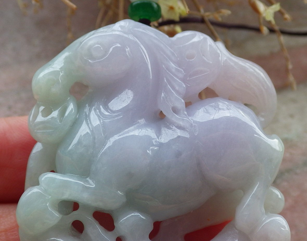 Certified Green Lavender Burma 100% Natural A Jade jadeite Pendant Horse Money Coin Lotus Flower Necklace 马到功成 648280 TN