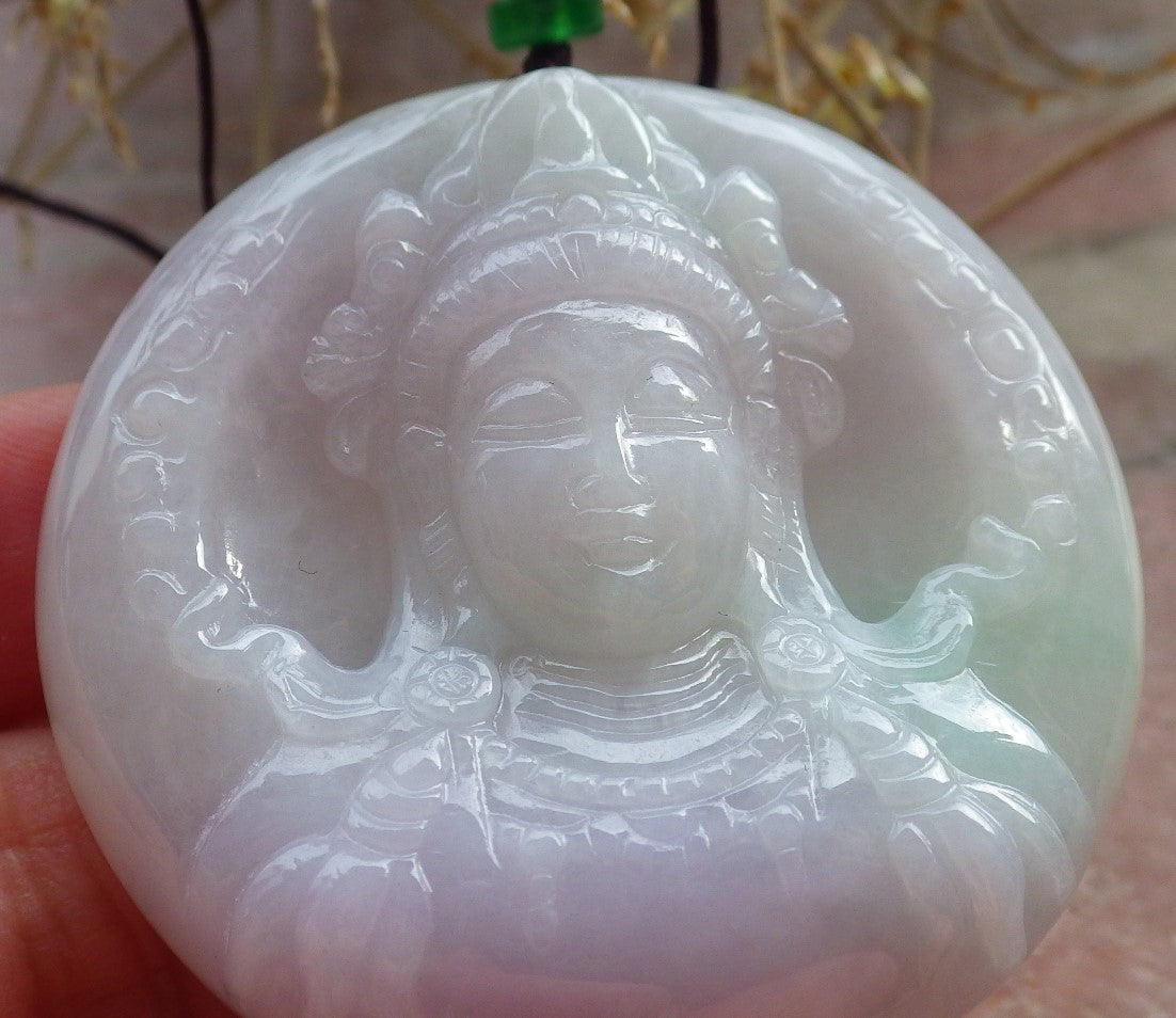 Certified Lavender Green Burma 100% Natural A Jade jadeite Pendant Guanyin Kwan Yin Necklace 观音 648319 TN