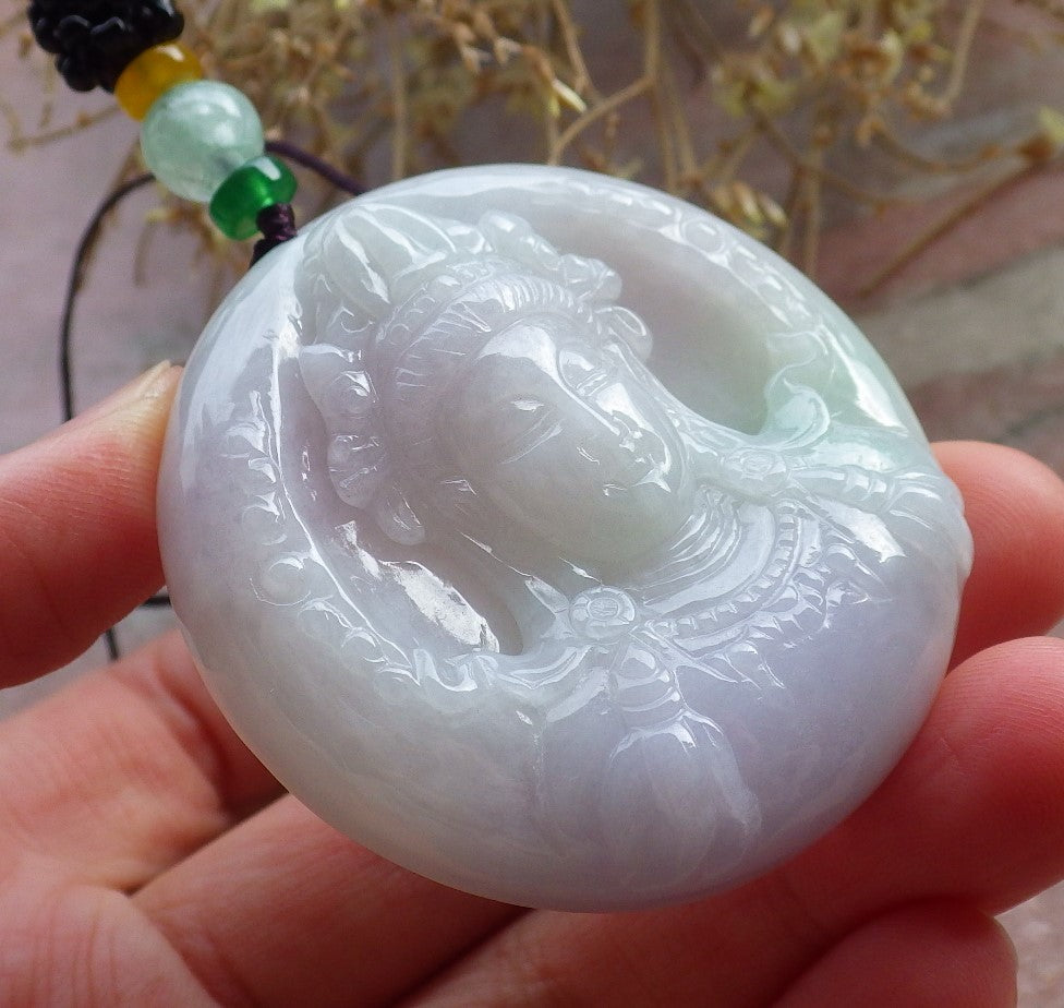 Certified Lavender Green Burma 100% Natural A Jade jadeite Pendant Guanyin Kwan Yin Necklace 观音 648319 TN
