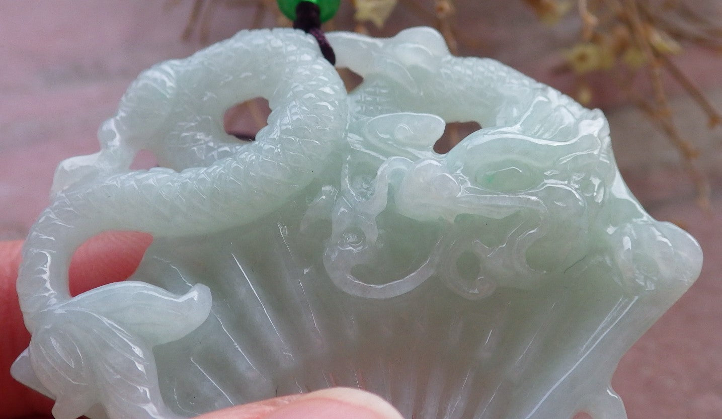 Certified Green Burma 100% Natural A Jade jadeite Pendant Dragon Coin Fan Necklace 风生水起 648374 TN