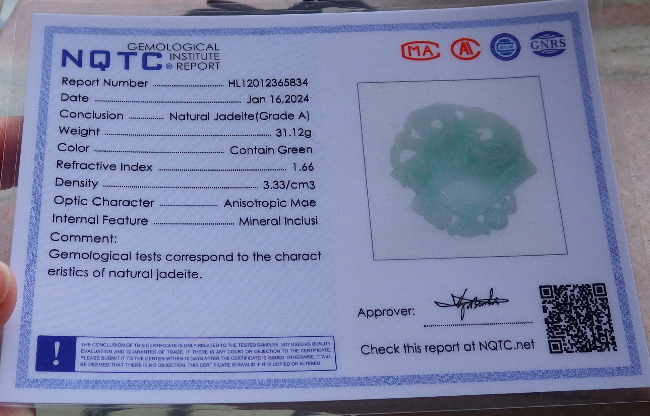 Certified Green Burma 100% Natural A Jade jadeite Pendant Dragon Coin Fan Necklace 风生水起 648374 TN