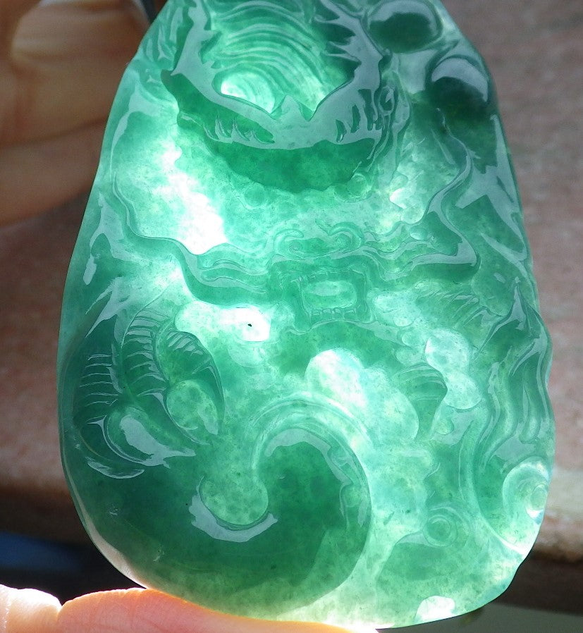 Certified Green Burma 100% Natural A Jade jadeite Pendant Dragon Ruyi Necklace 生意兴隆 648511 TN