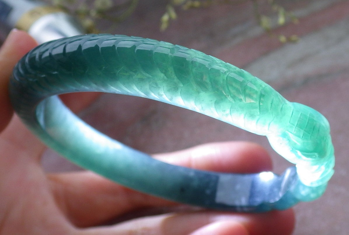 Certified Icy Green Burma 100% Natural A JADE Jadeite Snake Flower Bangle Bracelet 60 mm 手镯 648557 TN