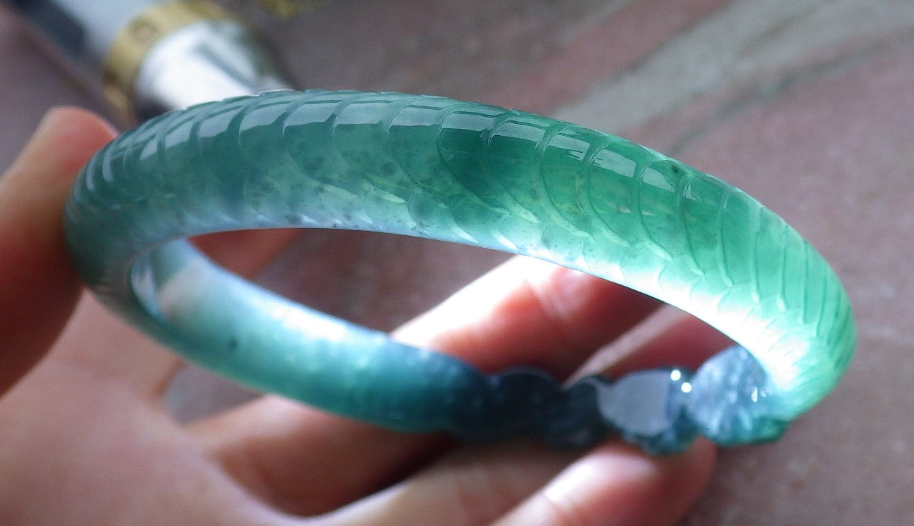 Certified Icy Green Burma 100% Natural A JADE Jadeite Snake Flower Bangle Bracelet 60 mm 手镯 648557 TN