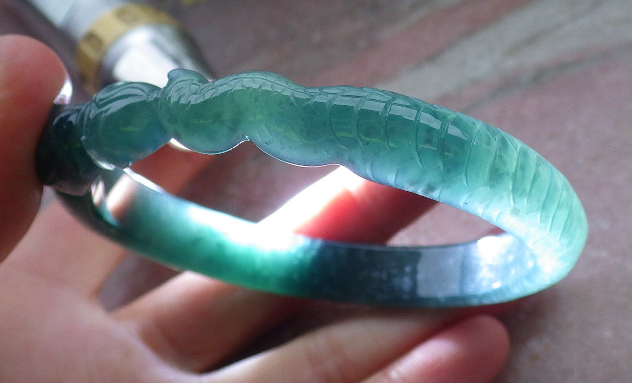 Certified Icy Green Burma 100% Natural A JADE Jadeite Snake Flower Bangle Bracelet 60 mm 手镯 648557 TN