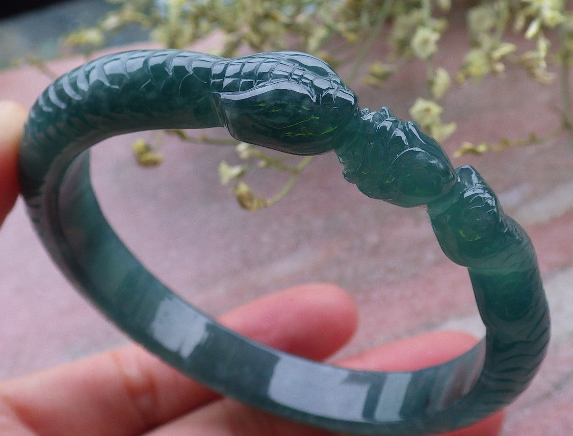 Certified Icy Green Burma 100% Natural A JADE Jadeite Snake Flower Bangle Bracelet 60 mm 手镯 648557 TN
