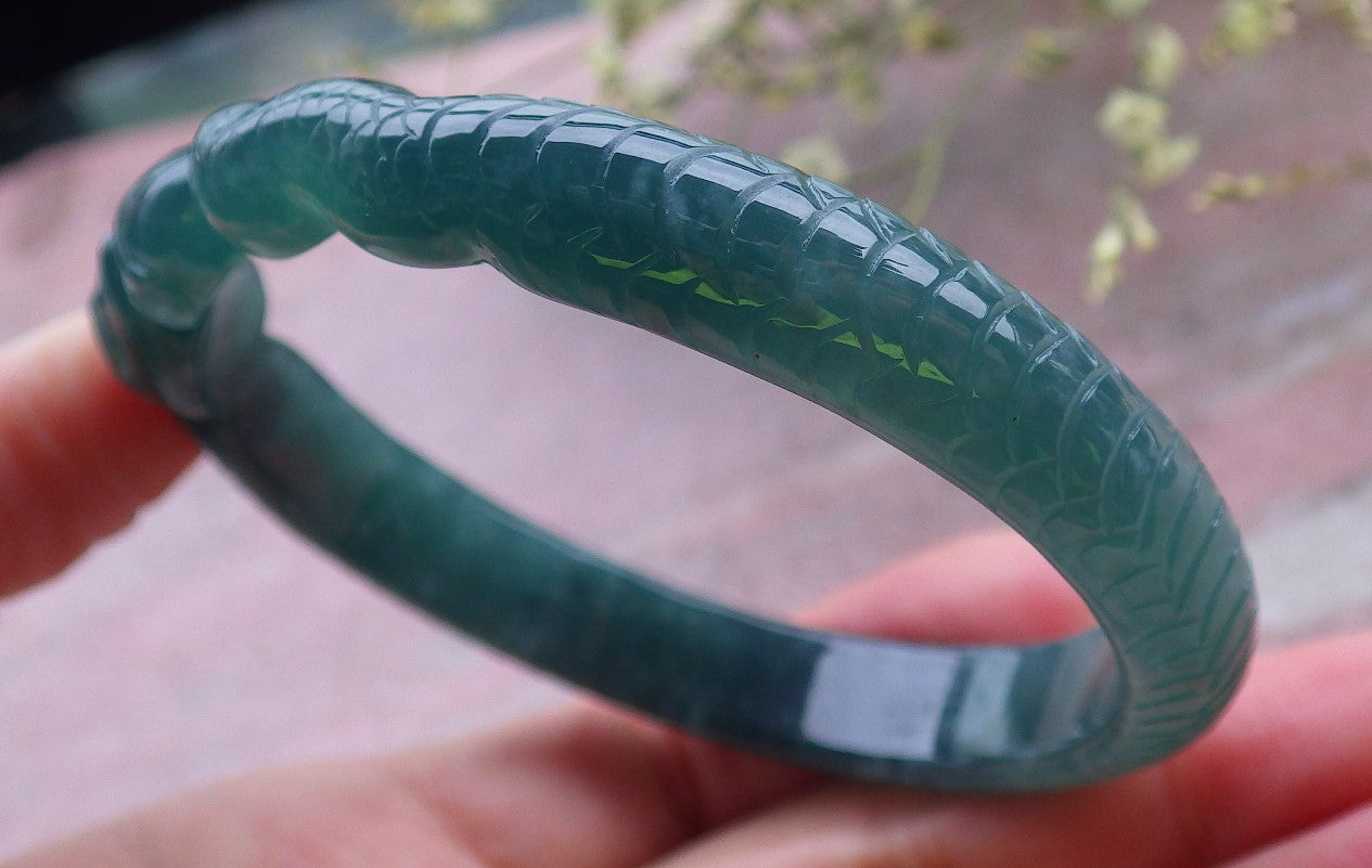 Certified Icy Green Burma 100% Natural A JADE Jadeite Snake Flower Bangle Bracelet 60 mm 手镯 648557 TN
