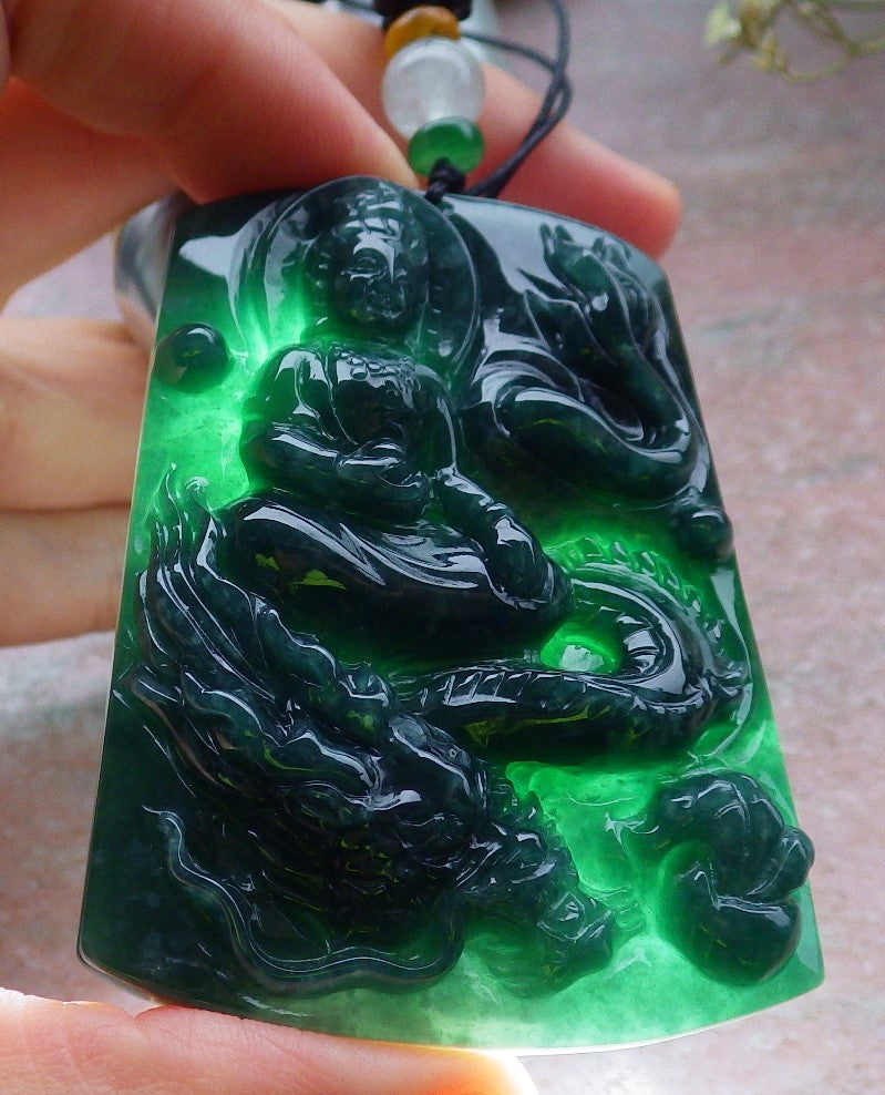 Certified Green Burma 100% Natural A Jade jadeite Pendant Guanyin Kwan Yin Dragon Necklace 观音 648630 TN