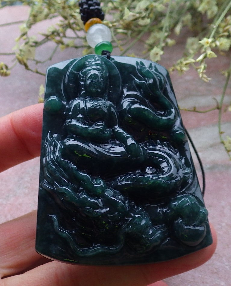 Certified Green Burma 100% Natural A Jade jadeite Pendant Guanyin Kwan Yin Dragon Necklace 观音 648630 TN