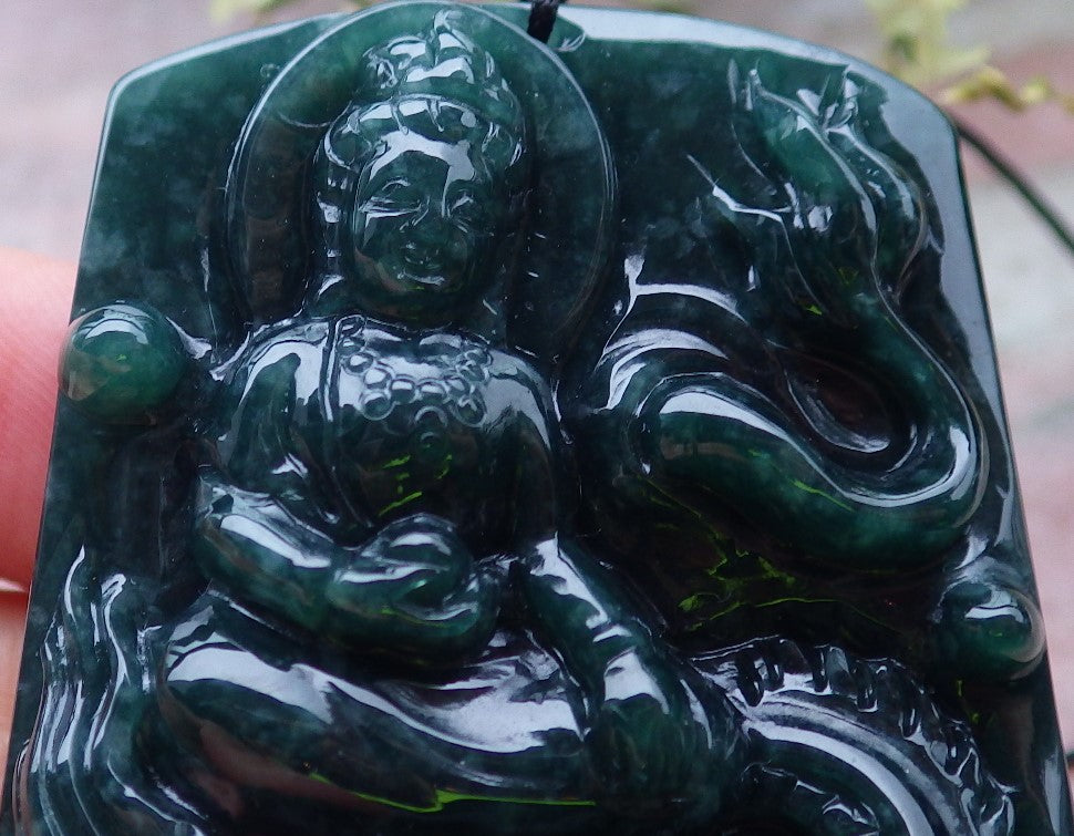 Certified Green Burma 100% Natural A Jade jadeite Pendant Guanyin Kwan Yin Dragon Necklace 观音 648630 TN