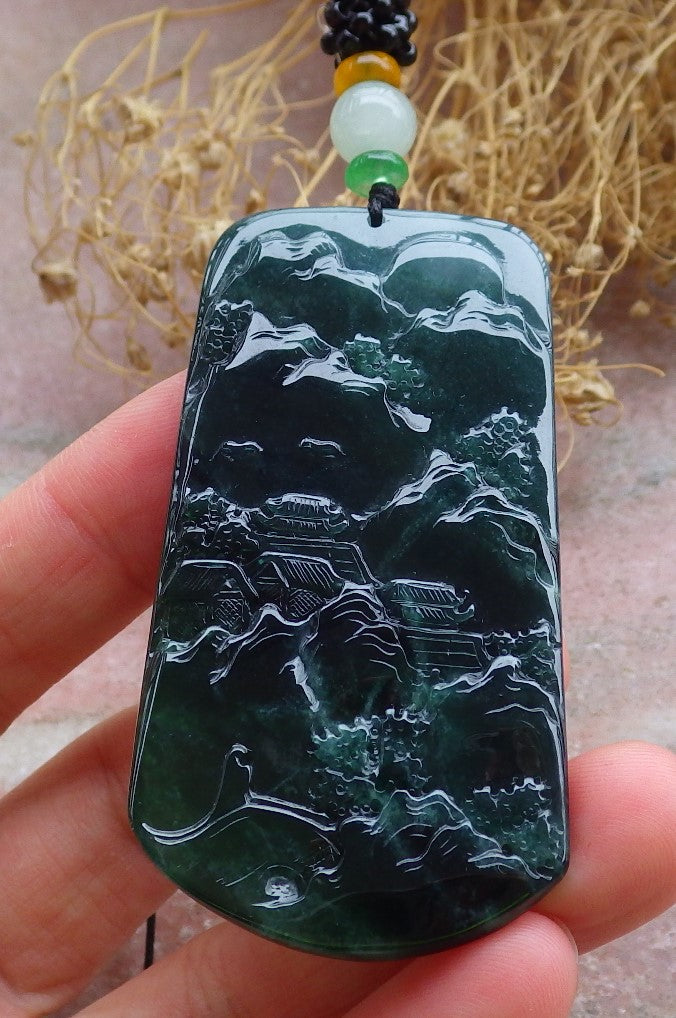 Certified Icy Green Burma 100% Natural A Jade jadeite Landscape painting Tree Necklace Necklace 山水画 648657 TN
