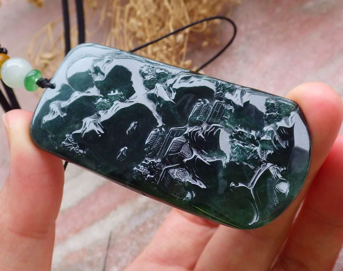 Certified Icy Green Burma 100% Natural A Jade jadeite Landscape painting Tree Necklace Necklace 山水画 648657 TN