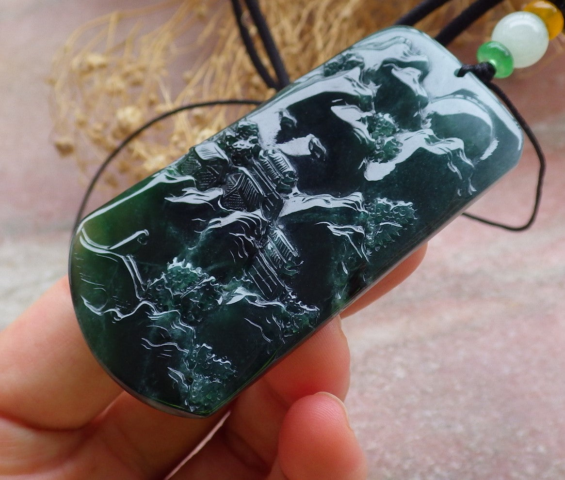 Certified Icy Green Burma 100% Natural A Jade jadeite Landscape painting Tree Necklace Necklace 山水画 648657 TN