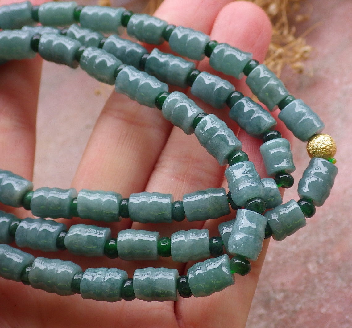 Certified Green Burma 100% Natural A JADE Jadeite bead Beads Circle Bamboo Necklace 24 inches 项链 648703 TN