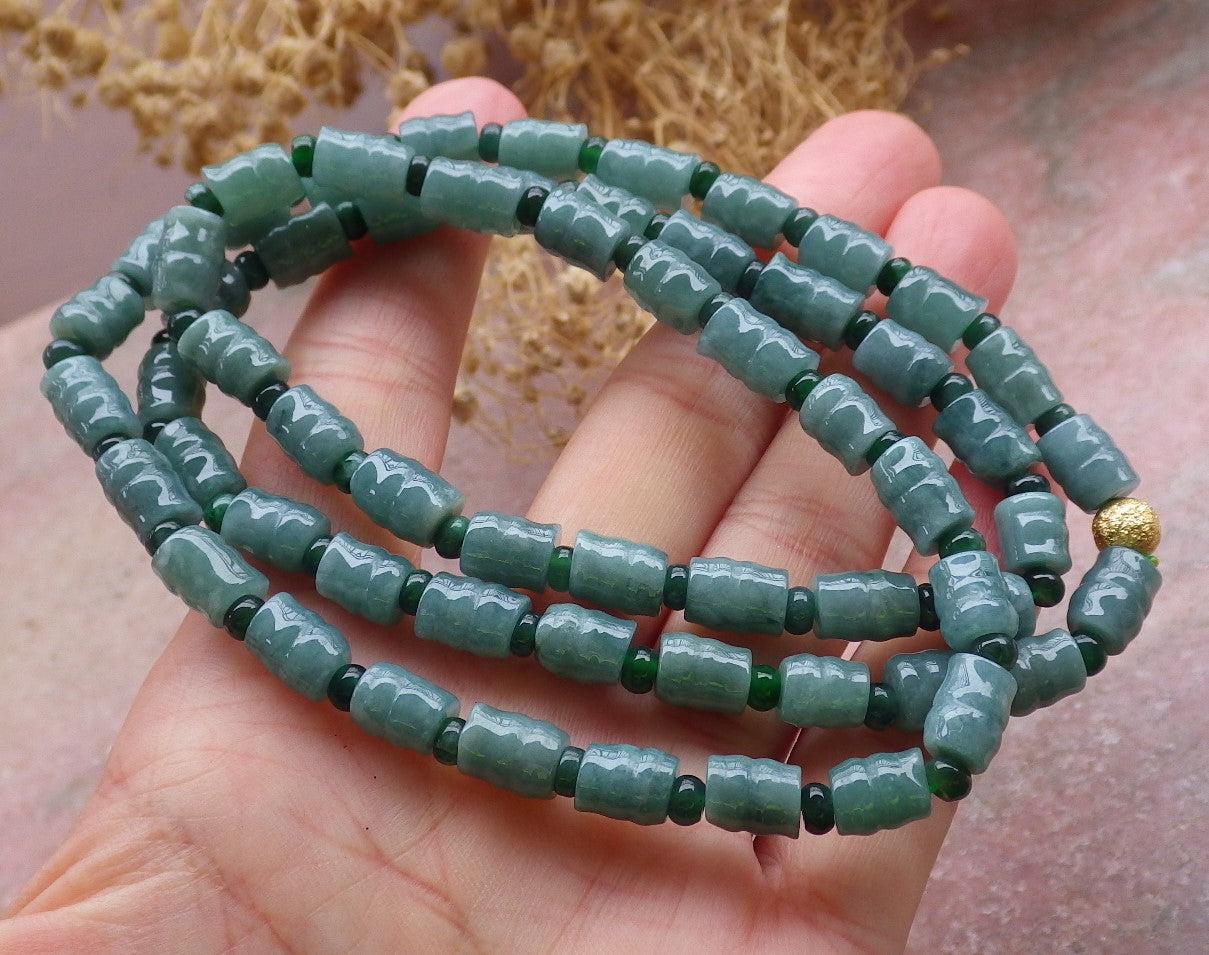 Certified Green Burma 100% Natural A JADE Jadeite bead Beads Circle Bamboo Necklace 24 inches 项链 648703 TN