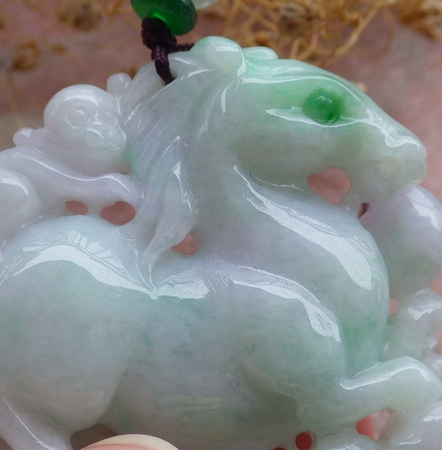 Certified Green Lavender Burma 100% Natural A Jade jadeite Pendant Horse Monkey Peach Necklace 648763 TN