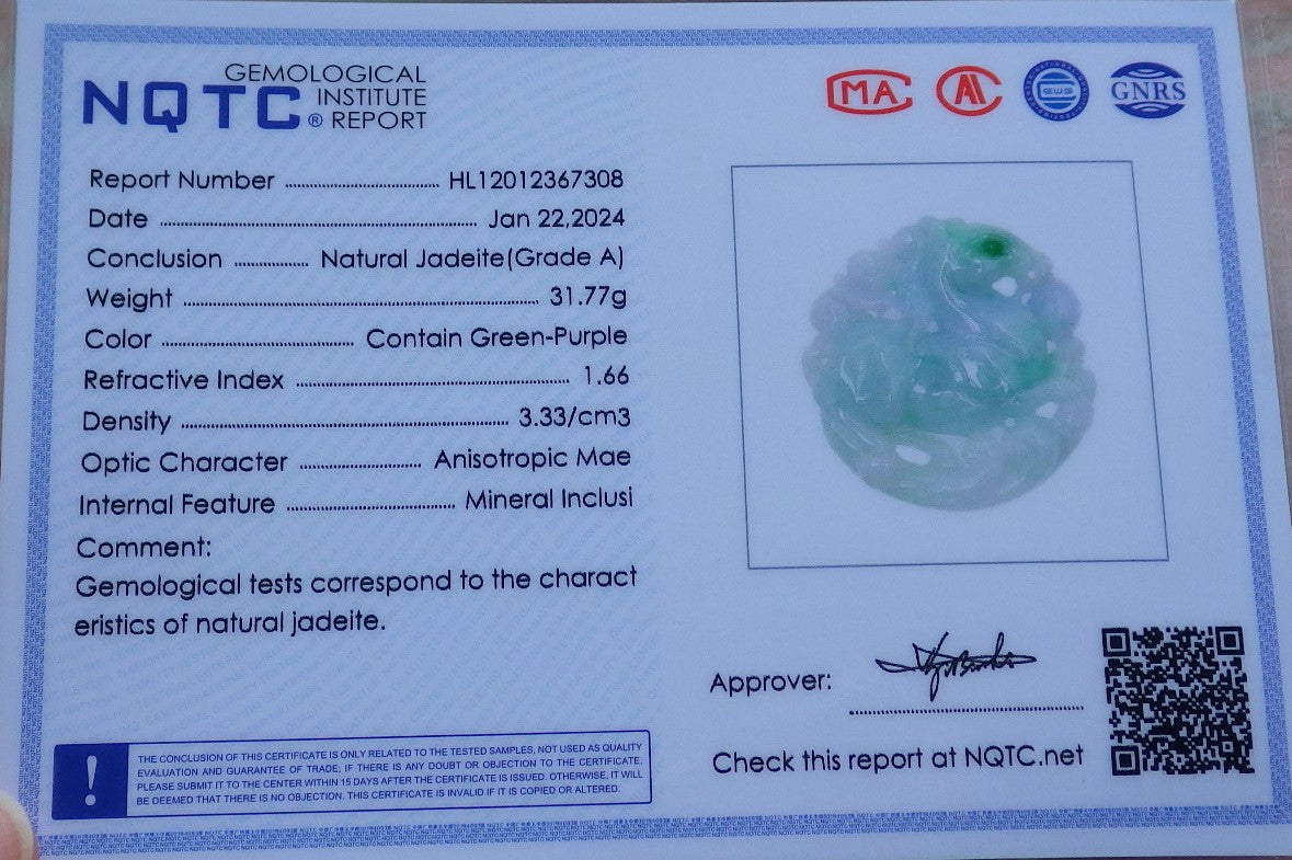 Certified Green Lavender Burma 100% Natural A Jade jadeite Pendant Horse Monkey Peach Necklace 648763 TN