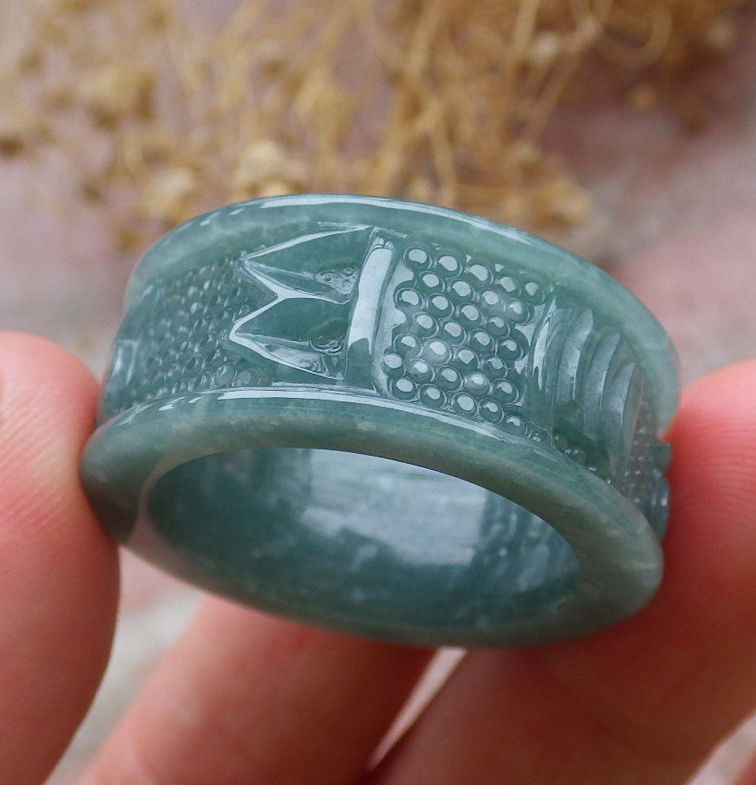 Certified Icy Green Burma 100% Natural A JADE Jadeite Mantra RING USA 12.75 六字真言戒指 648788 TN