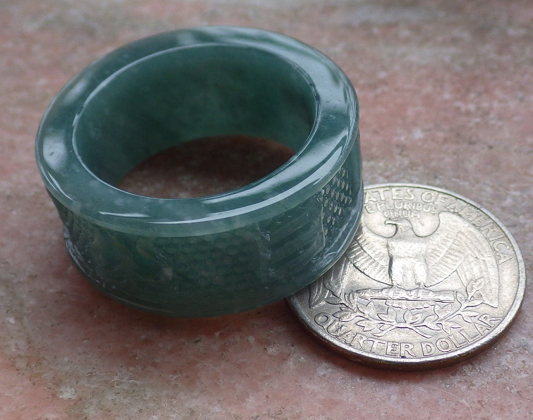Certified Icy Green Burma 100% Natural A JADE Jadeite Mantra RING USA 12.75 六字真言戒指 648788 TN