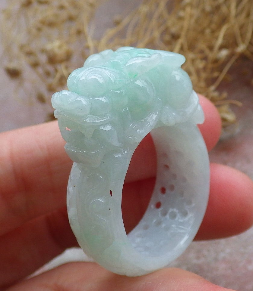 Certified Green Burma 100% Natural A JADE Jadeite Dragon Pi Xiu Lotus Flower Ruyi RING USA. 11.5 戒指 648798 TN